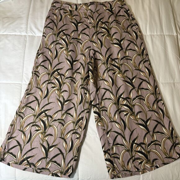 Tahari 100% Linen Wide Leg Cropped Pants XL Floral Pull On High Waist Purple - Picture 1 of 9